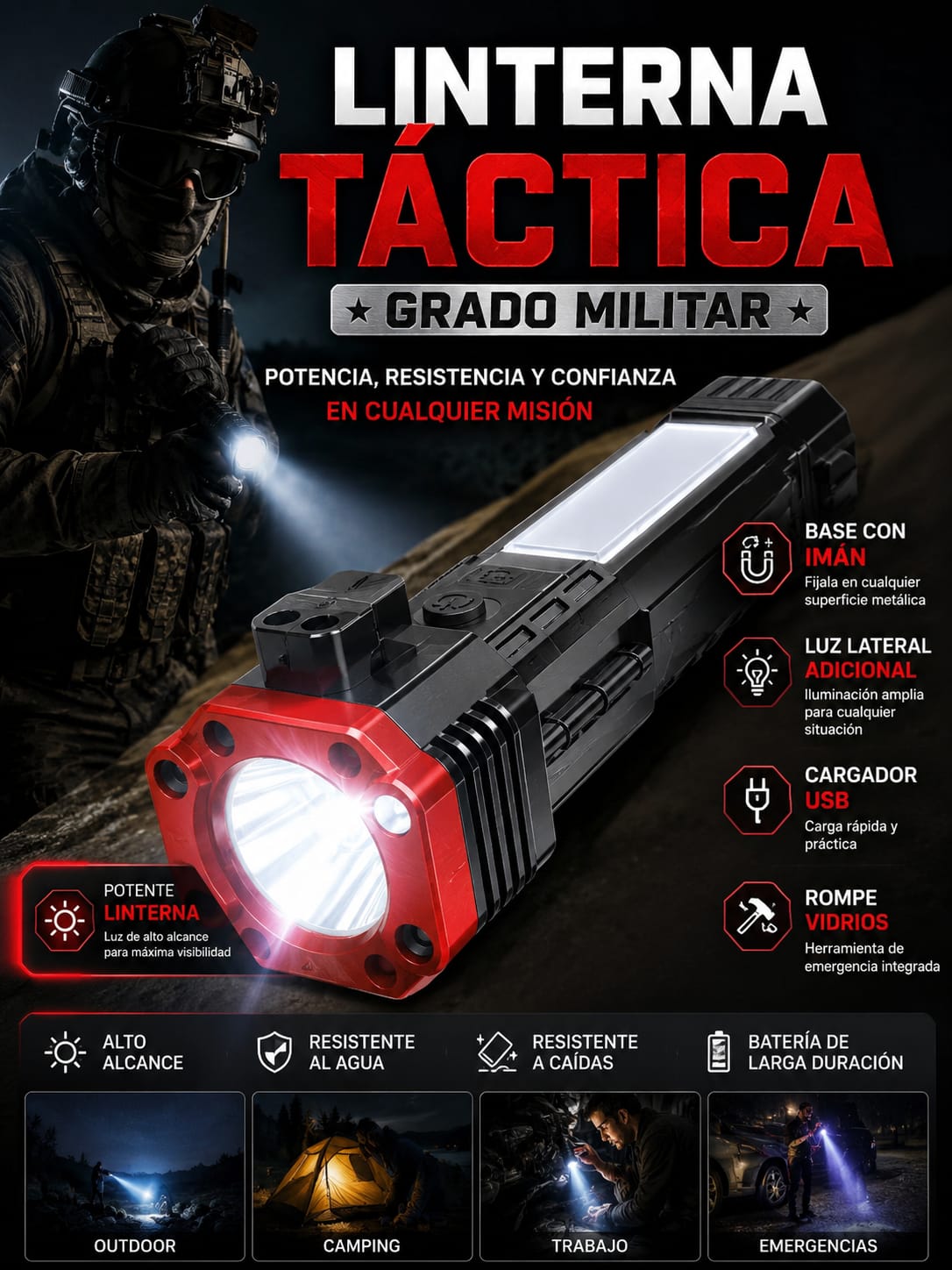 Linterna Multifuncional 4 En 1 Recargable