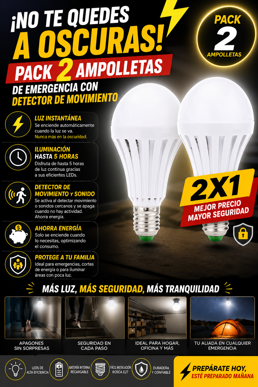 PACK 2 Ampolletas EMERGENCIA LUZ FRIA