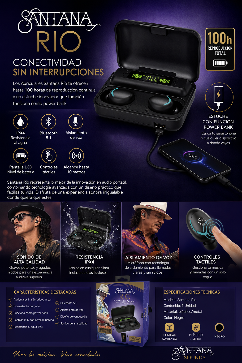 Santana Rio Auriculares Bluetooth 5.1