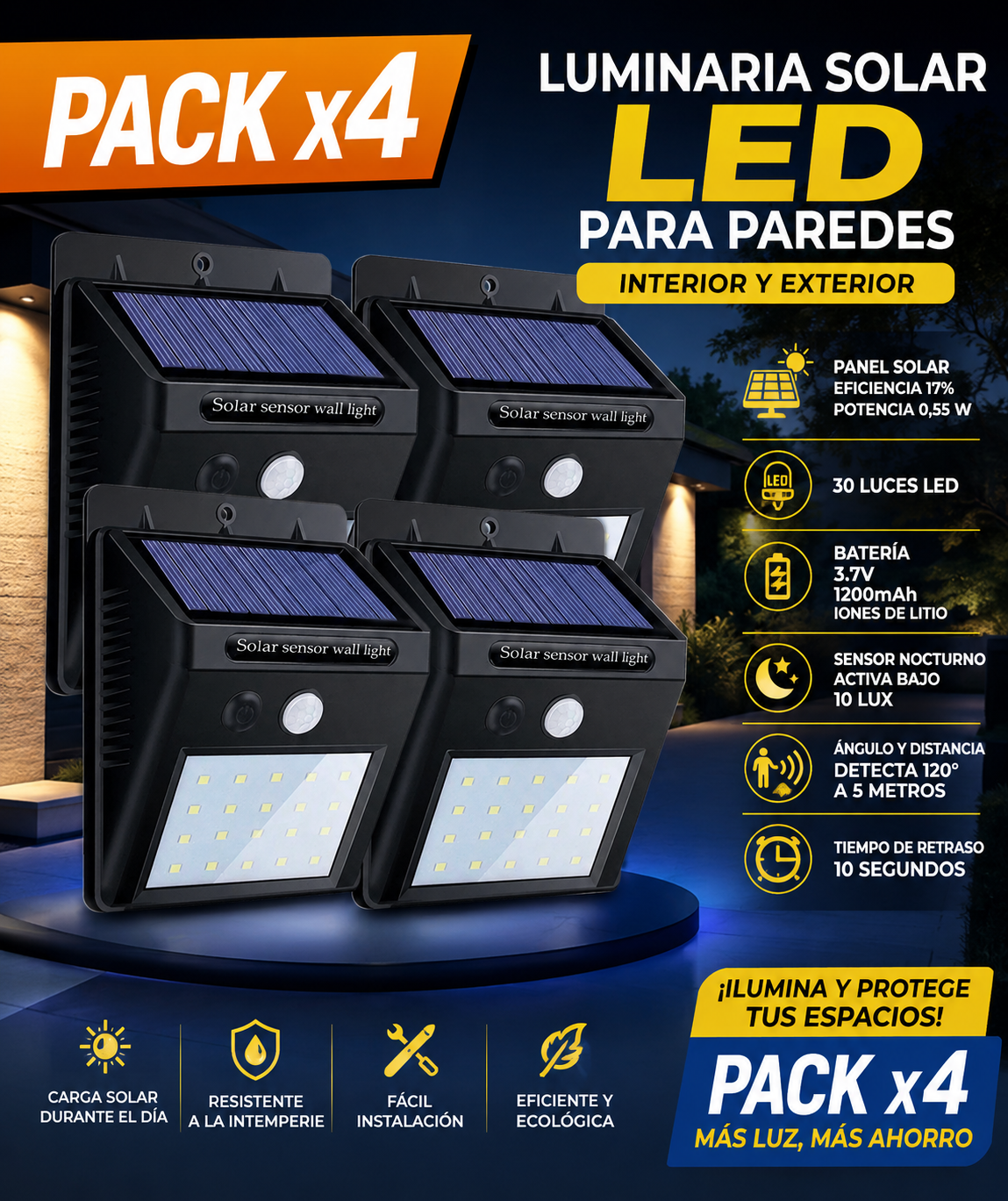PACK 4 Luces Led para Exterior con Sensor de Movimiento!!